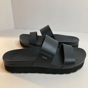 Womens Reef Cushion Vista Hi Platform Sandals Vegan Leather 2 Strap Slides Black